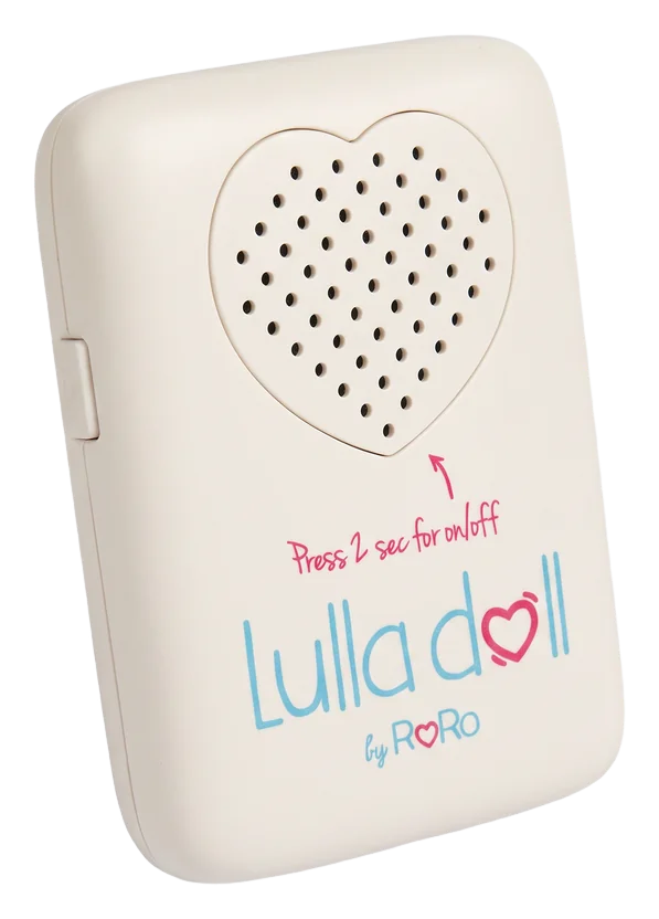 The Lulla soundbox, a small white case with a heart-shaped speaker